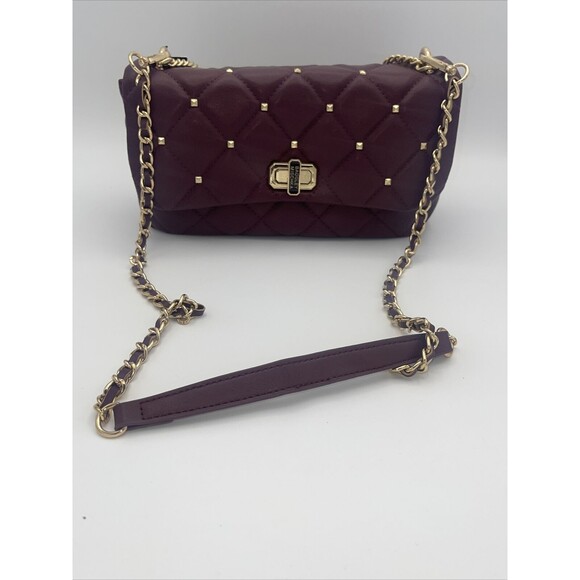 Badgley Mischka Vegan Leather Quilted Studded Crossbody Bag In Plum New - Picture 3 of 11